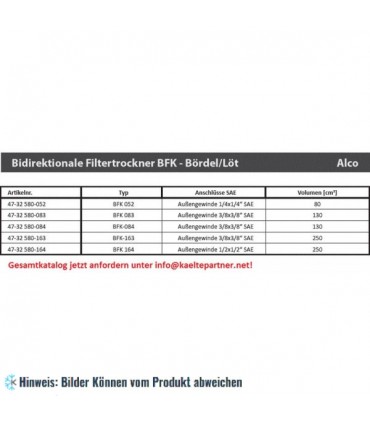 Filtertrockner ALCO, bidirektional, BFK-052, 1/4"SAE, Bördelanschluss