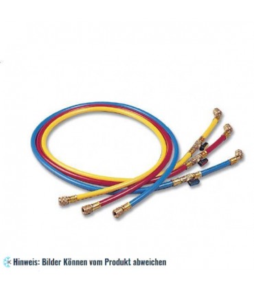 Füllschläuche Set "GY" 90cm 3 Stück mit Zwischenventil, Anschlüsse gerade x 45° mit Drücker und blister WIGAM 3GYSA/5-5/32V4/BRY