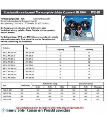 Verflüssigungssatz JME-ZR-28 JDK, Kompressor Copeland ZR28 K3E, MBP - R404a, R407C, R134a