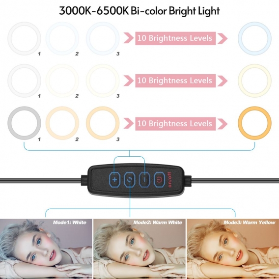 6-Zoll-Video-Streaming-LED-Ringlicht Bicolor 3000K-6500K 10-stufige Helligkeit Dimmbares USB-Geraet mit Tischstativ fuer Video-L