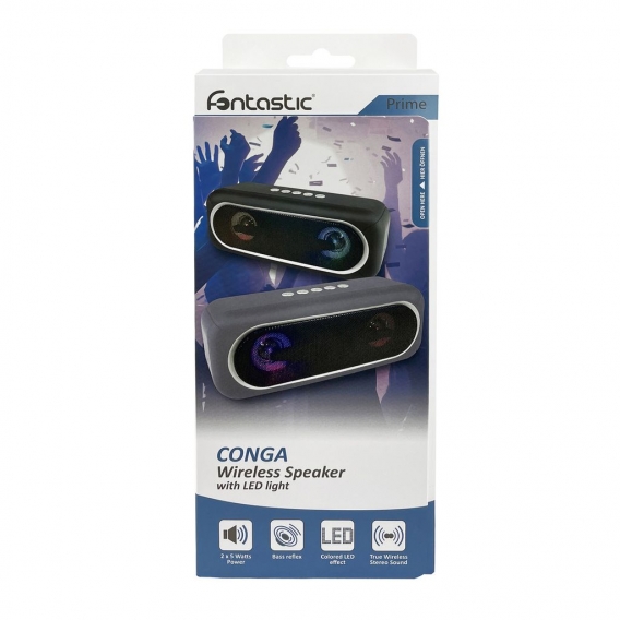 Fontastic Prime Drahtloser Stereo Lautsprecher Conga grau LED Lichteffekte, TWS kompatibel, FM Radio, AUX
