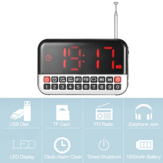 Longruner FM Radio Digital Stereo-Lautsprecher 12cm LED-Anzeige Wecker & Clock USB Disk TF-Karten-AUX 1500mAh Batterie