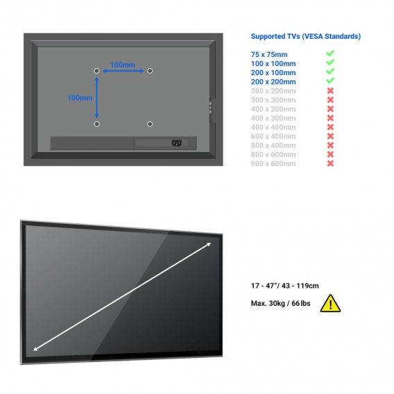deleyCON Universal TV & Monitor Wandhalterung - 17" - 47" Zoll (43-119cm) - bis 30Kg - Neigbar - bis VESA 200x200mm - Wandabstan
