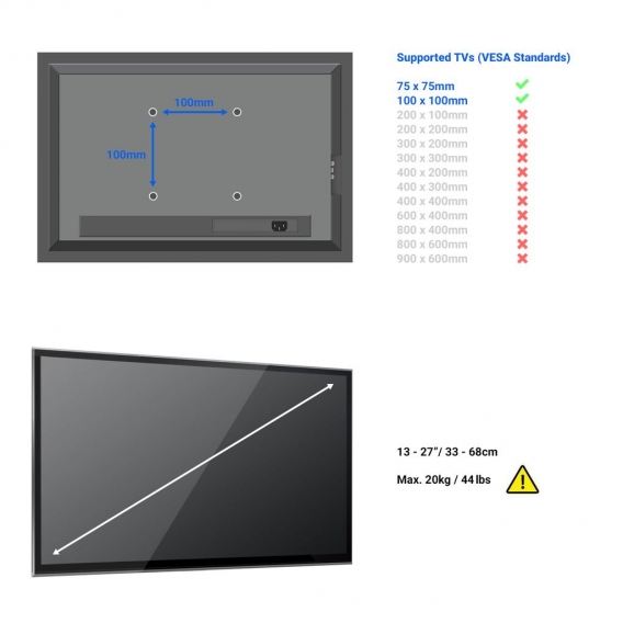 deleyCON Universal TV & Monitor Deckenhalterung - 13" - 27" Zoll (33cm - 68cm) - Bis 20Kg & VESA 100x100mm - 90° Schwenkbar - TV
