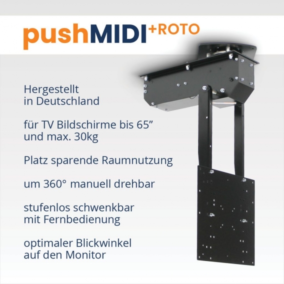 pushMIDI+ROTO - schwarz - TV Deckenhalterung elektrisch schwenkbar, drehbar, klappbar, neigbar - für bis 65 Zoll Fernseher bis 3