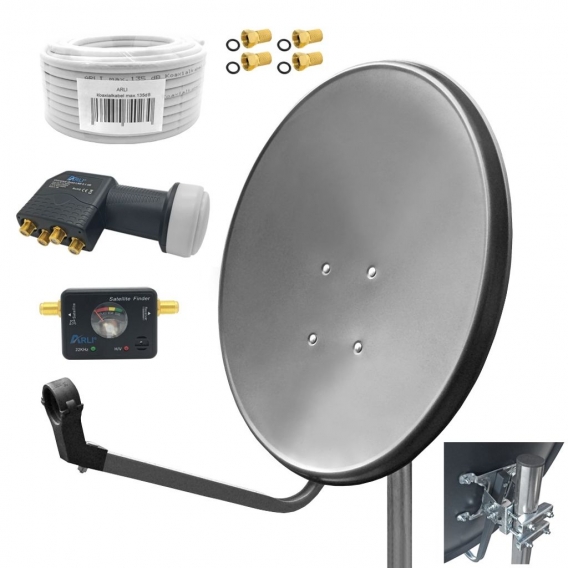 ARLI 60 cm HD Sat Antenne grau + Quad LNB + 50m Kabel + Satfinder + 4x F-Stecker vergoldet