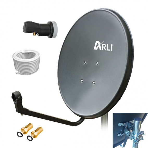 ARLI 60cm HD SAT Anlage grau + Single LNB + 15m Koaxialkabel + 2x F-Stecker vergoldet
