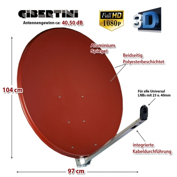 Gibertini Sat Antenne 100 cm Alu Satellitenschüssel Sat Schüssel Spiegel Ziegelrot
