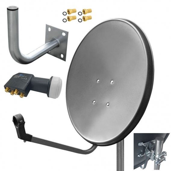 ARLI 60 cm HD Sat Antenne grau + Quad LNB + Wandhalter 25 cm + 4x F-Stecker vergoldet