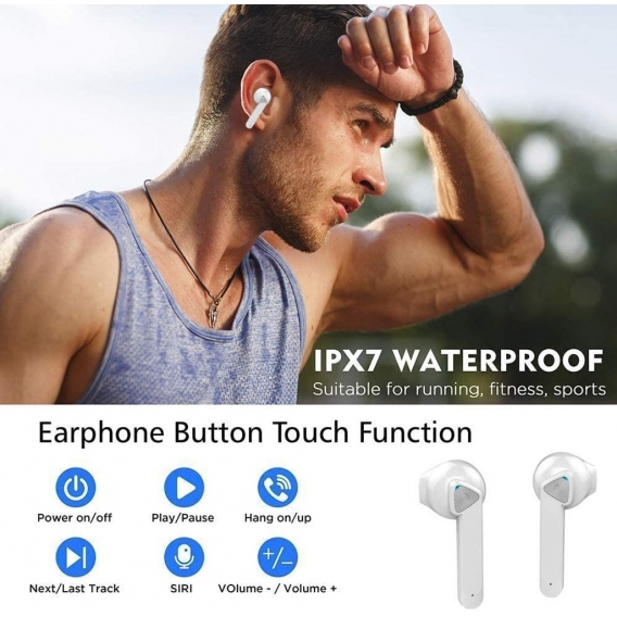 TINA Bluetooth 5.0 TWS Wireless-Kopfhörer mit Ladekoffer Kompatibel mit Android i-Phone für Sportreisen, IPX8 Waterproof Sports 
