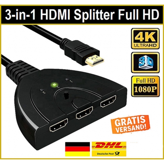 Melario HDMI Splitter 3in1 Switch Kabel Verteiler Adapter Umschalter Hub Full HD 1080P