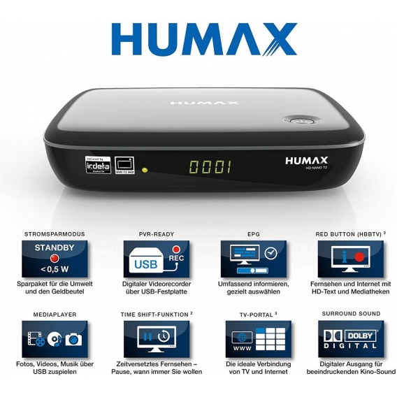Humax HD Nano T2 HD Receiver Set mit HDMI Kabel / DVB-T2 Receiver für Antennen-Fernsehen / mit PVR Aufnahmefunktion / unterstütz