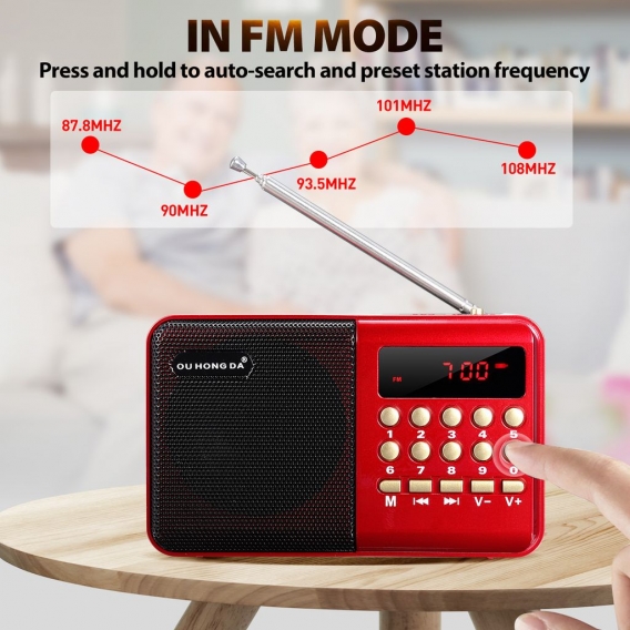 Tragbarer FM Radio Kleines Radio mit Lautsprecher, Kopfhörerbuchse MP3 Player Matteriebetrieben mit USB-Ladekabel