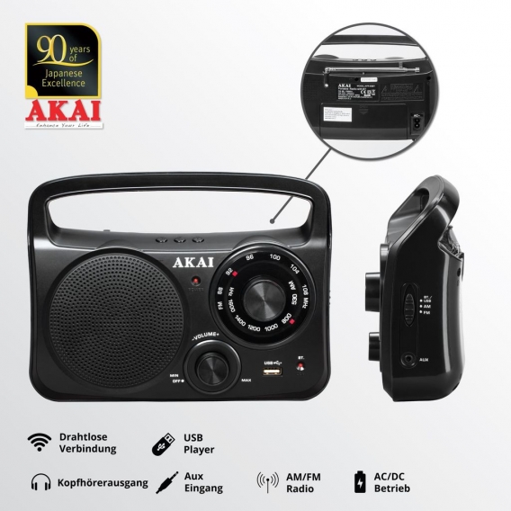 AKAI Tragbares AM/FM Radio mit Bluetooth, USB und AUX Klassisch APR-85BT