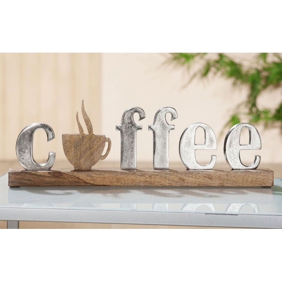 Grosser Alu- Holzschriftzug als Aufsteller,  Modell: COFFEE, Material Alu und Holz, Maße 43 x 14 cm, Farbe silber, ideal für Caf