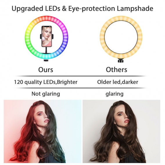Andoer 10-Zoll-RGB-Ringlicht Bunte LED-Fotolampe Dimmbares USB-Geraet mit Telefonhalter Fernausloeser Kugelkopfadapter 150 cm Li