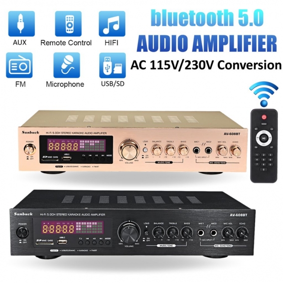 SUNBUCK Verstärker bluetooth V5.0, Audio Stereo Musik 2.0 Kanal HiFi Endstufe Eingebauter Netzteil FM USB Empfänger für PC Handy