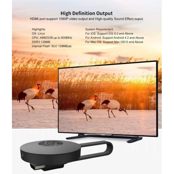 Drahtloser HDMI-Displayadapter, WiFi-Display-Dongle, tragbarer 1080P-TV-Empfänger Airplay-Dongle-Spiegelbildschirm vom Telefon z