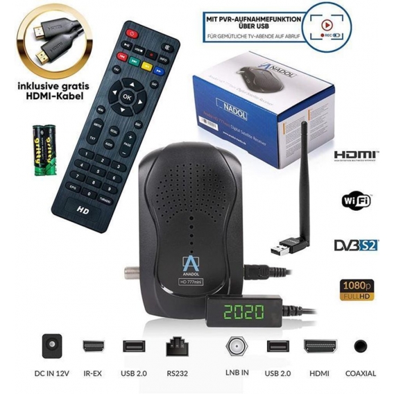 Anadol HD 777 1080p HDTV digitaler Mini Sat Receiver + WLAN - energiesparender Full HD Minireceiver mit PVR Aufnahmefunktion Tim