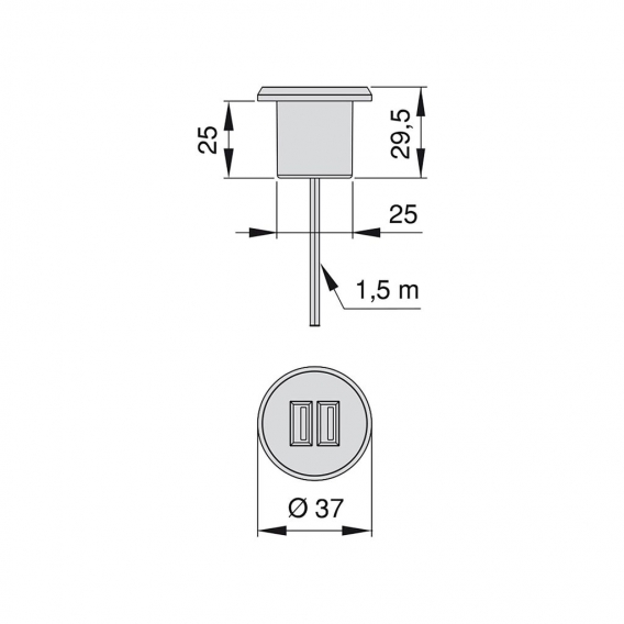 Emuca USB-Ladeanschluss, rund, zum Einbetten in Möbel, 2 USB-Anschlüsse, D. 37 mm, Kunststoff, Grau metallic