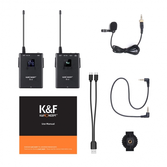 K & F CONCEPT M-9 UHF-Funkmikrofonsystem mit Senderempfaenger Revers Lavalier Mic 80M Wirkungsbereich fuer DSLR-Kameras Smartpho