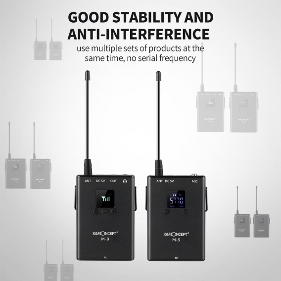 K & F CONCEPT M-9 UHF-Funkmikrofonsystem mit Senderempfaenger Revers Lavalier Mic 80M Wirkungsbereich fuer DSLR-Kameras Smartpho