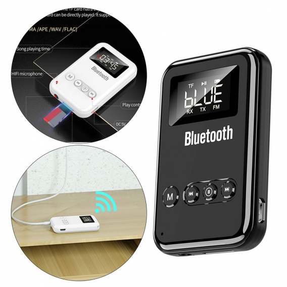 Bluetooth 5.0 Adapter Sender Empfänger, FM 300mAh LED Bildschirm Lautstärkeregelung Niedrige Latenz Tragbar Wiederaufladbar Komp