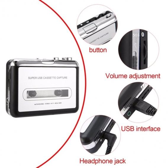2 in 1 Tragbare Kassettenspieler - USB-Kassetten-Band-zu-MP3-Konverter Capture HiFi Audio Music Player Portable Tape Player Capt