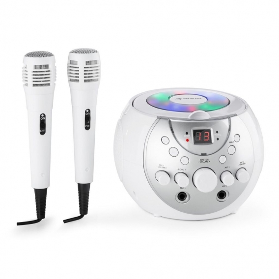 auna SingSing weiß + Dazzl Mic Set weiß - Karaokeanlage , CD-Player , LCD-Display , Wiederholfunktion , 2 x Kara Dazzl Mikrofon 