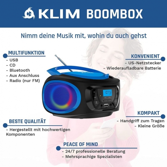 KLIM Boombox Radio with CD Player FM Radio, CD Player, Bluetooth, MP3, USB, AUX. Includes Rechargeable Batteries. Wired and Wire