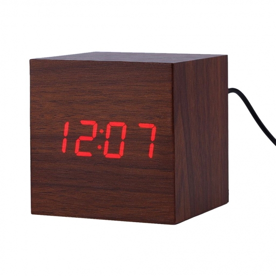 1 x Holz Alarm Sound Control Clock  1 x USB-Kabel  Größe 60 * 60 * 60MM Farbe Braun + Rot Stil Modern
