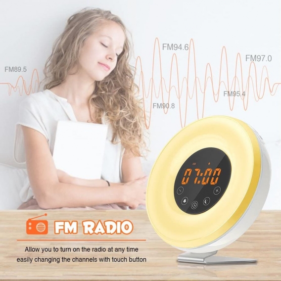 Wake up Licht mit FM Radio|Sonnenauf und Sonnenuntergangssimulation|Snooze Funktion10 Dimmstufen 7Farben 6Natural Sounds