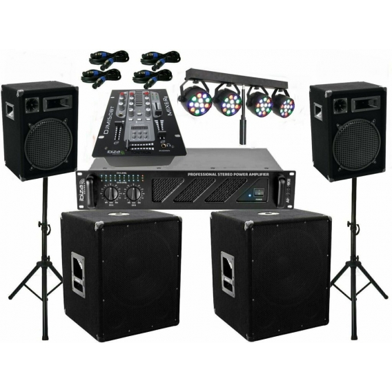 DJ Komplett Set 30cm Boxen Stativ 38cm Subwoofer Mixer 3200W LED Lichteffekt Bar