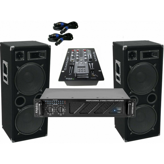 Das PA-SET 50 Power Ibiza Anlage DJ 3Wege 4 x 30 cm Bass USB Musikanlage 3000 W