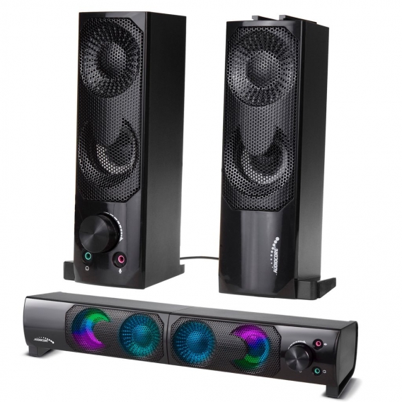 2 in 1 2.0 PC-Lautsprecher mit Soundbar Funktion RGB-Hintergrundbeleuchtung Stereo-Lautsprecher 2x3W RMS AUX 3,5 mm USB-Stromver