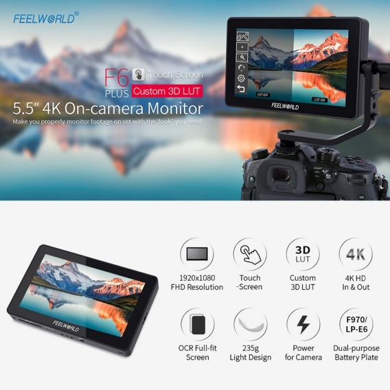 FEELWORLD F6 Plus 5,5-Zoll-Kamera-Feldmonitor-Kit 3D-LUT-Video-Assistent mit Sonnenschutz-Kipparm-Unterstuetzung 4K HD-Eingabe- 