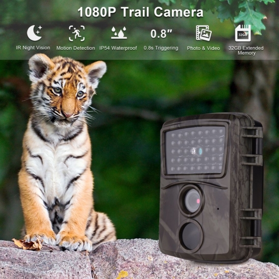 Andoer Wildlife Trial Kamera FHD1080P 0.8s Ausloesen von IR Nachtsicht IP54 Wasserdichter 32 GB externer Speicher mit 1/4 Schnit