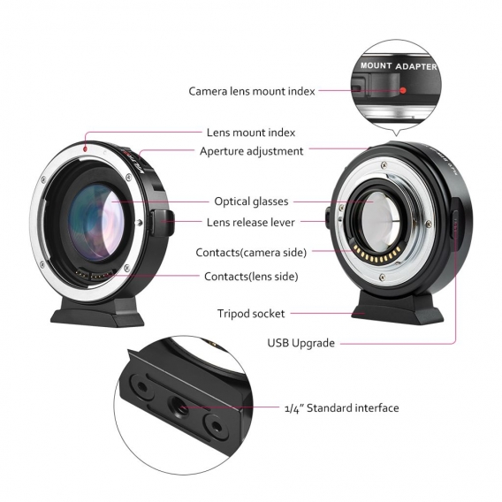 Viltrox EF-M2 Autofokus Objektiv Mount Adapter 0.71X fuer Canon EOS EF Objektiv zu Micro Four Thirds (MFT, M4 / 3) Kamera
