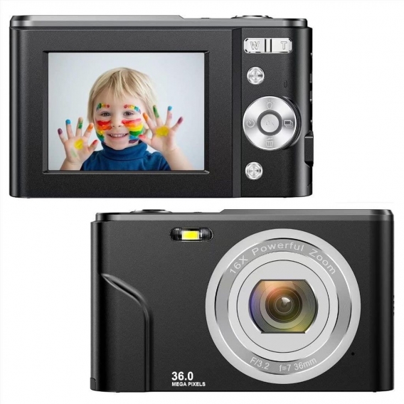 Kleine Digitalkamera mit 36 MP, HD 1080p und 16x Zoom Schwarz