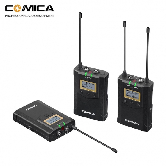 CoMica CVM-WM100 PLUS UHF 48-Kanal-Funk-Dual-Lavalier-Mikrofonsystem (Dual-Sender und ein Empfaenger) mit Echtzeitueberwachung M