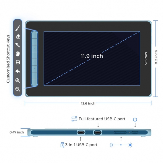 XP-PEN Artist 12 2. Generation Grafiktablett mit Display 133% sRGB Farbraum batterieloser Stift mit X3 Smart-Chip, für digitales