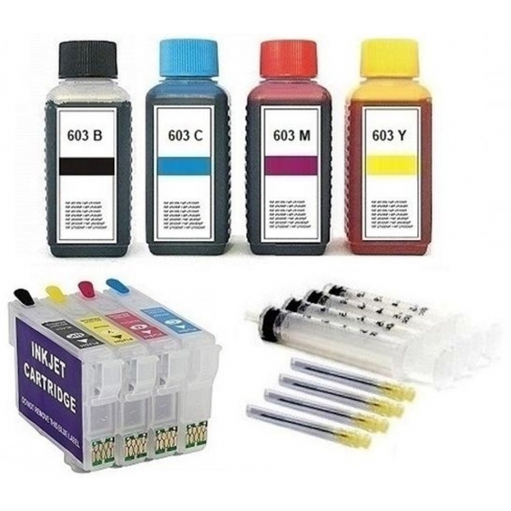 Wiederbefüllbare Tintenpatronen wie Epson 603, 603XL Black, Cyan, Magenta, Yellow mit Auto-Reset-Chips + 400 ml Nachfülltinte fü