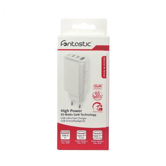 Fontastic Prime Netzteil GaNto Type-C PD + USB-A FC3 GaN 65W Power Delivery, Fast Charge 3, max.3.25A, weiß