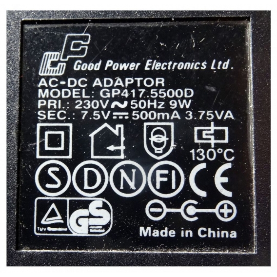 Steckernetzteil GP417.5500D 7,5V 500mA 3,75VA, Good Power Electronics. ID18443
