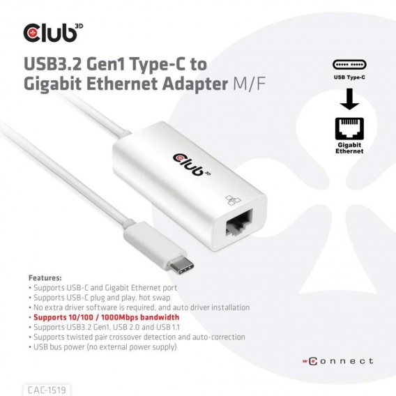 Club3D Adapter USB 3.2 Typ C ＞ RJ-45 Gigabit LAN   St/Bu retail
