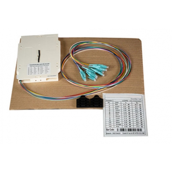 Bestückte Spleißkassette mit farbigen, abgesetzten Pigtails LC/APC OS2