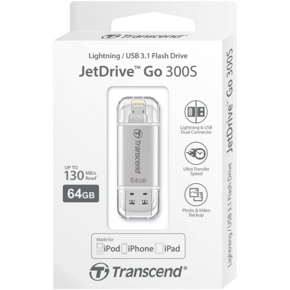 Transcend 64GB JetDrive Go 300 OTG Lightning + USB 3.1 Silber für Apple
