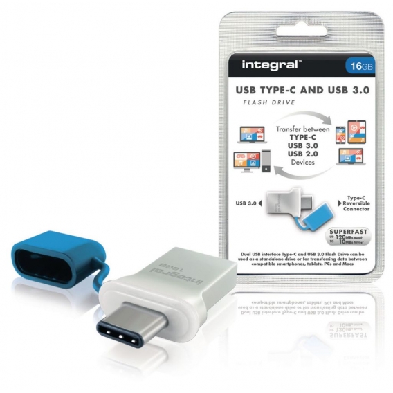 Integral 16GB USB3.0 Memory Flash Drive (Memory Stick) Type-C Fusion Metal Blue