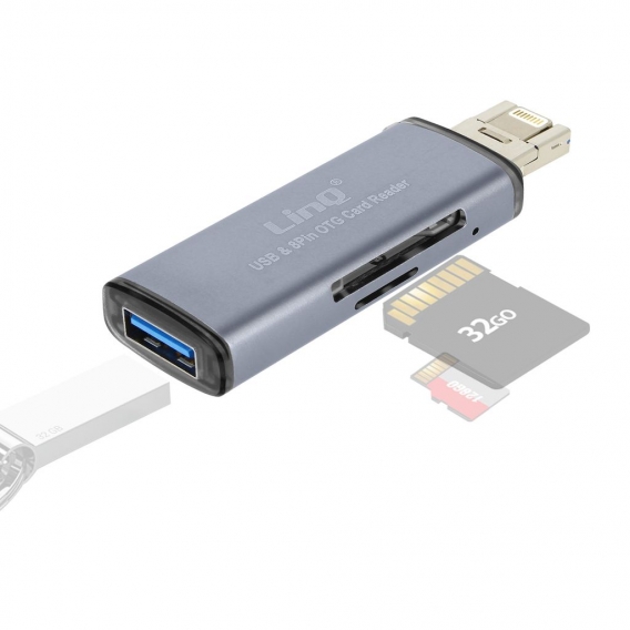 2-in-1 Lightning / USB-Stecker SD / Micro-SD Kartenleser, LinQ - Grau