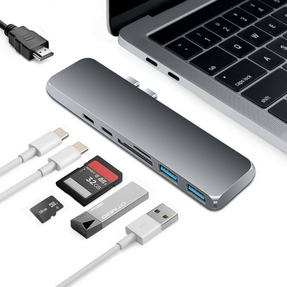 7in1 USB C Hub Dockingstation für MacBook Pro Air Dual Type-C Adapter HDMI 4K Kartenleser GREY